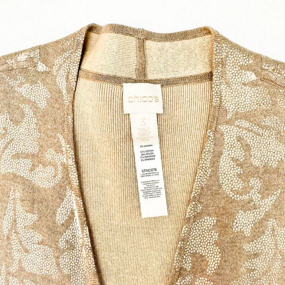 Chico's Embossed Patterned Open Long Sleeveless Cardigan Tan Gold Size 3 - Picture 3 of 6